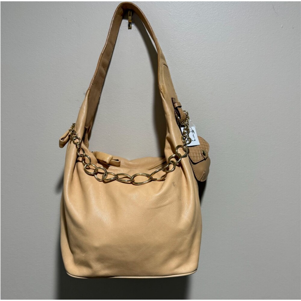 Liz Claiborne Leather Shoulder Bag Beige Hobo Purse Tote Handbag Chain Zip Top